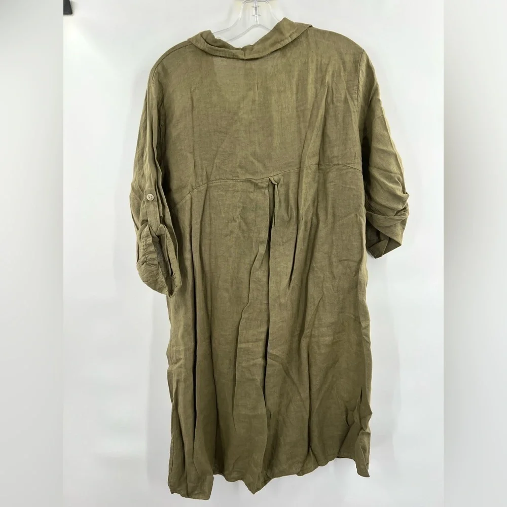 Elena Baldi green linen shirt dress roll sleeves new with tags size L - Picture 7 of 11